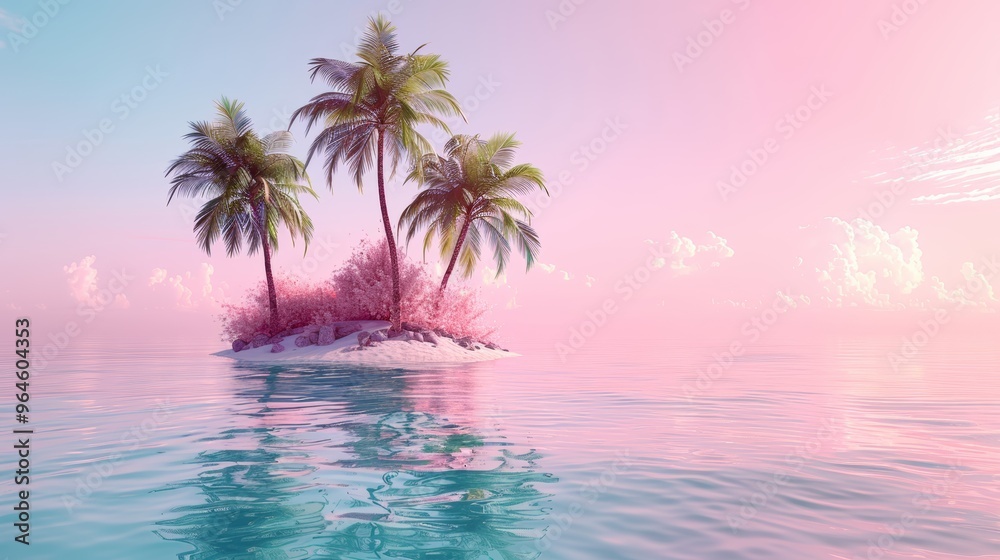 Fototapeta premium Tropical Island Paradise with Palm Trees and Pink Sky Reflections in Tranquil Ocean Waters