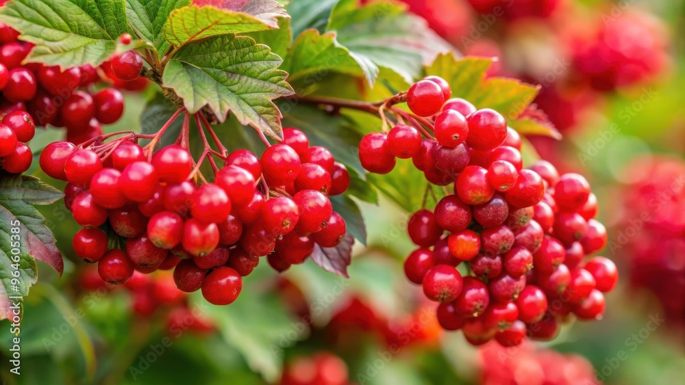 Close-up of red viburnum branch with ripe berries on bush Close-up of red viburnum branch with ripe berries on bush
