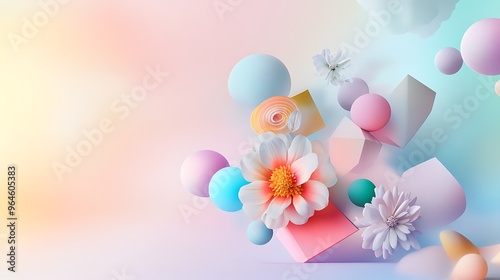 70s-inspired colorful floral patterns interwoven with geometric shapes, floating over a soft pastel gradient. All objects are in sharp focus, with open space for copy in the upper-left corner.