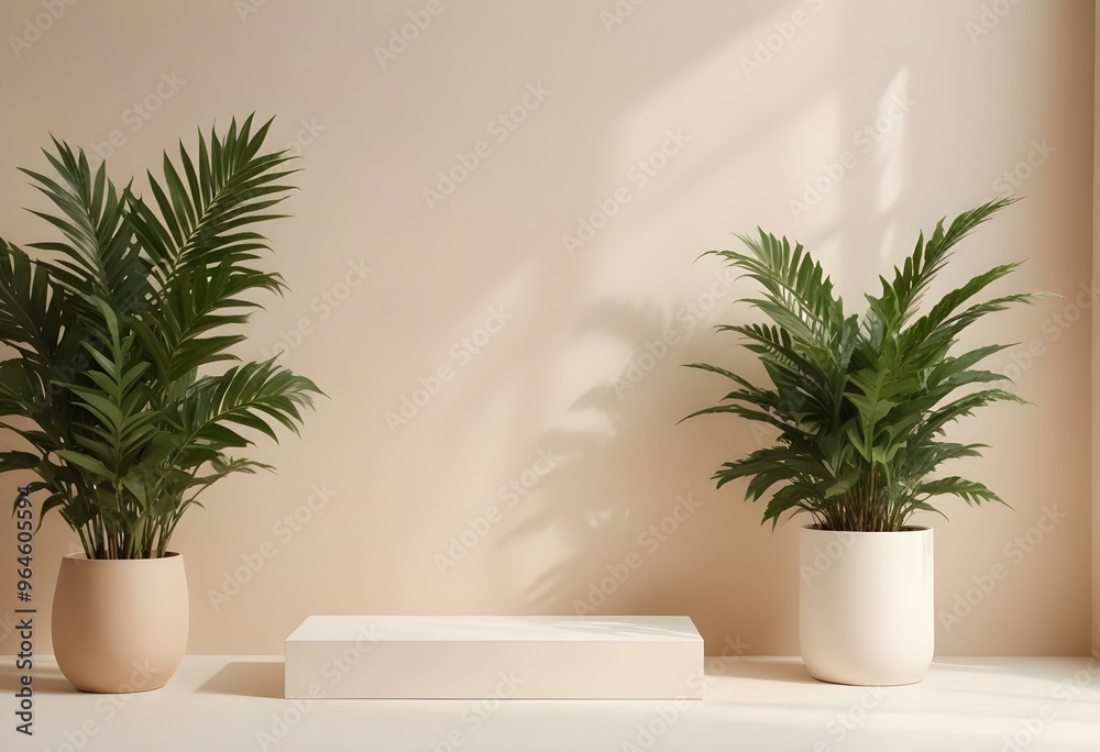 White podium with green leaves, minimalist background White podium with green leaves, minimalist background