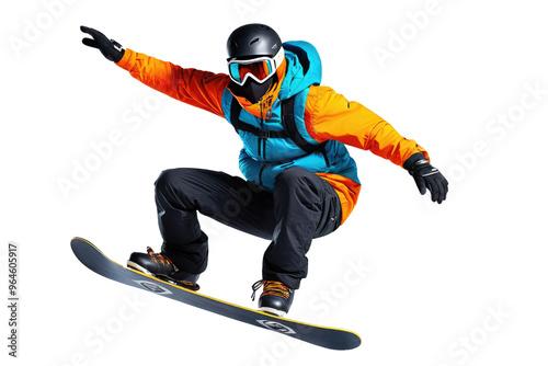 Snowboarder mid-air captured in dynamic jumping pose, full body, masks obscuring facial features, contrasts sharply with isolated white background, dynamic lighting emphasizes muscular definition