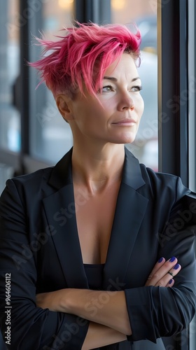 Confident Professional Woman Stylish Pink Hair Pensive Expression Modern Setting Elegance Focused Business Attire. AI Generated