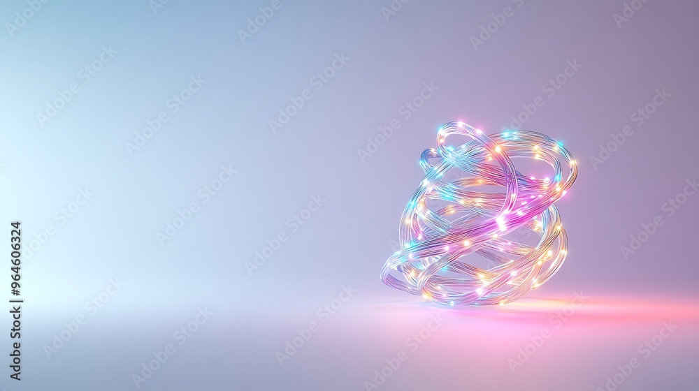 Intense vibrant electric lights winding in an abstract shape on a gradient background shifting from warm to cool hues, deep depth of field, leaving room for a centered text overlay