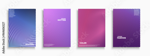 Collection of color fashion abstract posters, templates, placards, brochures, banners, flyers, cards. Bright halftone dotted and striped gradient covers. Minimalistic digital corporate backgrounds