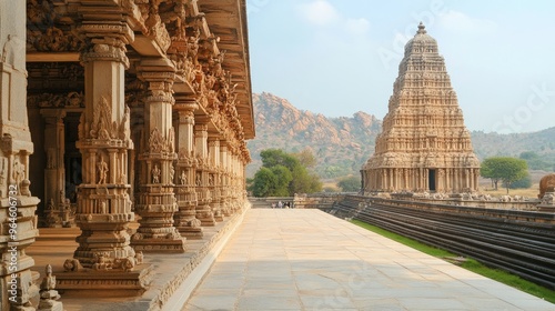 The peaceful surroundings of the Saraswati Temple in Hampi, with its detailed stone carvings. photo