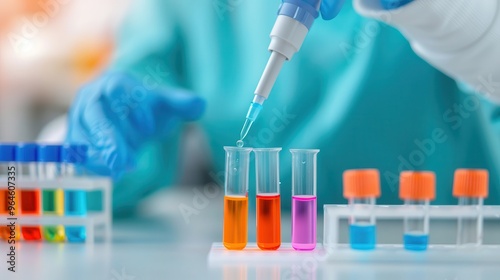 Closeup Laboratory analysis of biochemistry, scientist pipetting a sample into a test tube during an experiment in the lab.