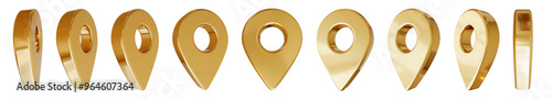 Set of map pointer isolated on white background. Gold location pin or navigation. 3D Locator mark of map pointer, symbol, position. Shiny golden realistic map pins set.  Gps, travel, navigation