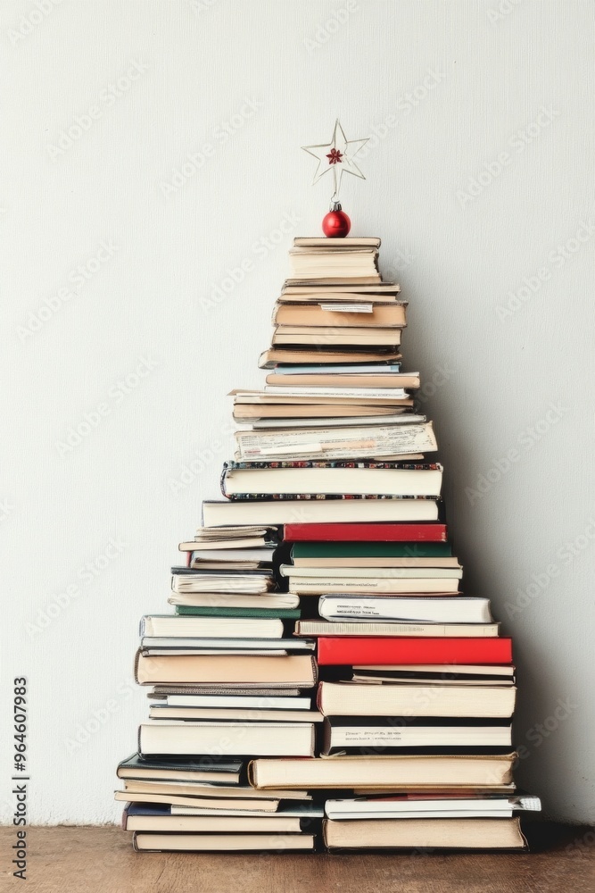 Minimalist Creative Christmas Tree Made of Stacked Books with Stationery Ornaments Minimalist Creative Christmas Tree Made of Stacked Books with Stationery Ornaments