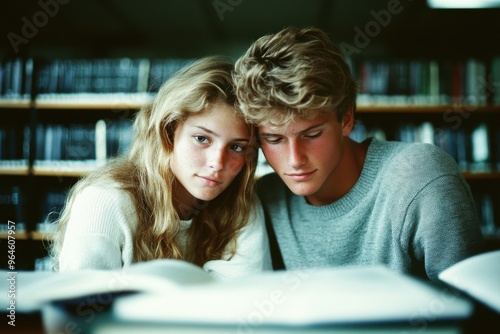 Teen students studying together in library surrounded by books