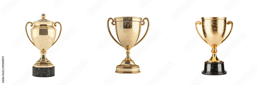 Three elegant golden trophies displayed on a black surface, representing achievement and success in various competitions. Three elegant golden trophies displayed on a black surface, representing achievement and success in various competitions.