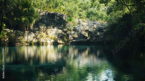 The quiet, serene atmosphere of Chichen Itza's Sacred Cenote, with calm waters reflecting the surrounding vegetation.