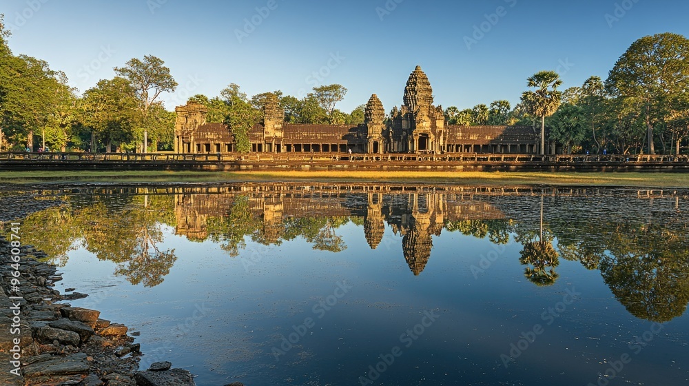 Fototapeta premium The reflection of Angkor Wat towers in the moat, with the temple bathed in the warm light of late afternoon.