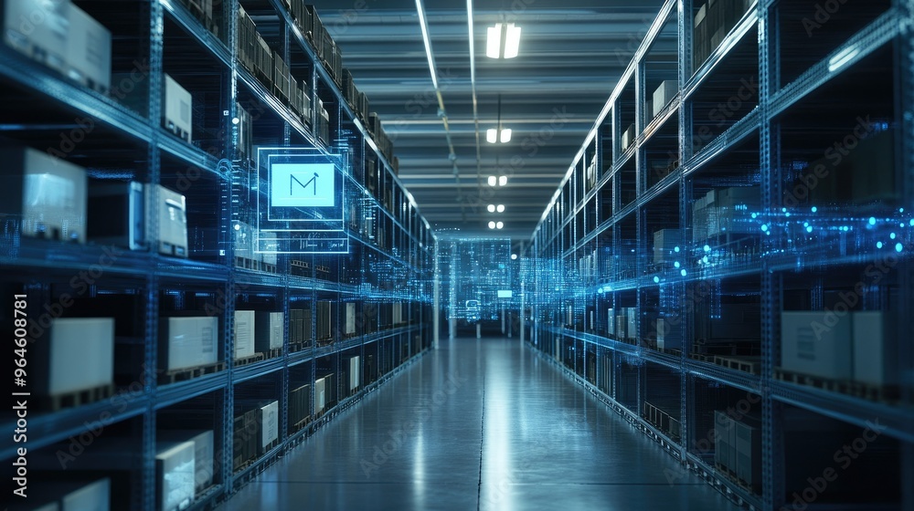 Obraz premium Warehouse shelves and digital inventory system interface with ample copy space, highlighting electronic management.