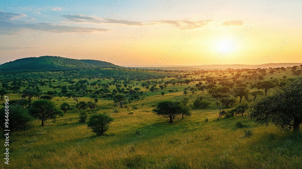 The rolling hills of Kruger National Park, with acacia trees scattered across the landscape and the sun setting in the distance. The rolling hills of Kruger National Park, with acacia trees scattered across the landscape and the sun setting in the distance.