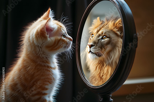 A curious orange and white kitten stares at its reflection in a mirror, captivated by the majestic lion image it sees. photo