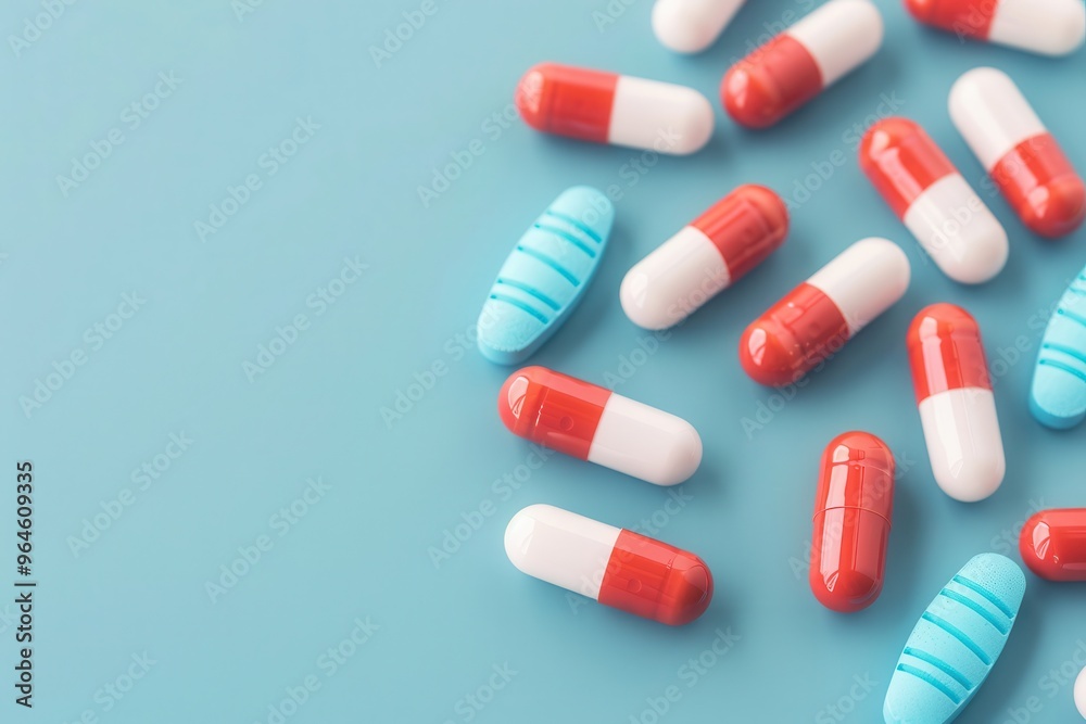 Medicine, various tablets, capsules and pills, blue capsules and red capsules, illness medication cure pharmaceutical close up Medicine, various tablets, capsules and pills, blue capsules and red capsules, illness medication cure pharmaceutical close up
