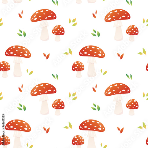 Fly agaric cartoon autumn seamless pattern. Poisonous mushrooms on white background.. 