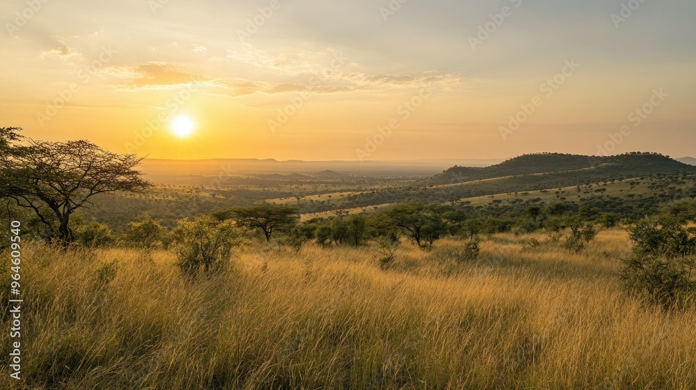 Fototapeta premium The rolling hills of Kruger National Park, with acacia trees scattered across the landscape and the sun setting in the distance.