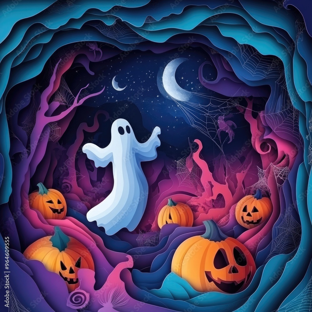 Paper cut style illustration of playful ghosts and pumpkins dancing under the moonlight