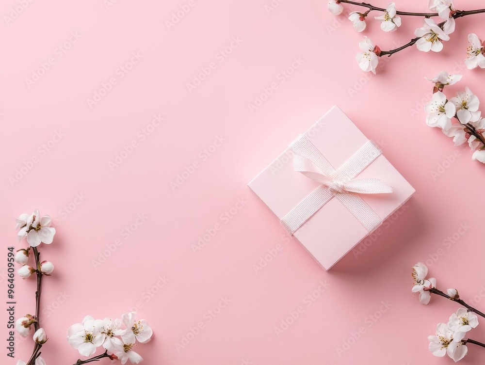 A romantic and delicate wedding card design with a pink background, accented by white flowers and a wrapped gift box A romantic and delicate wedding card design with a pink background, accented by white flowers and a wrapped gift box