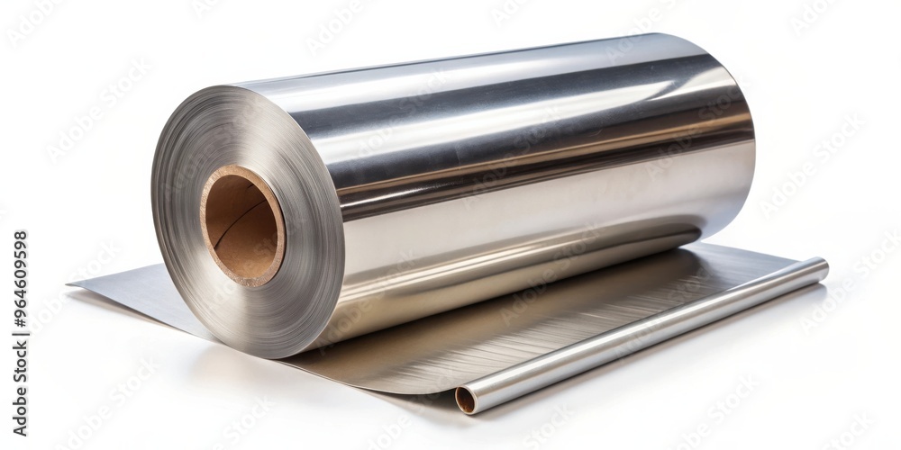 Metal foil roll isolated on white background, illustrating manufacturing and welding of stainless steel products Metal foil roll isolated on white background, illustrating manufacturing and welding of stainless steel products