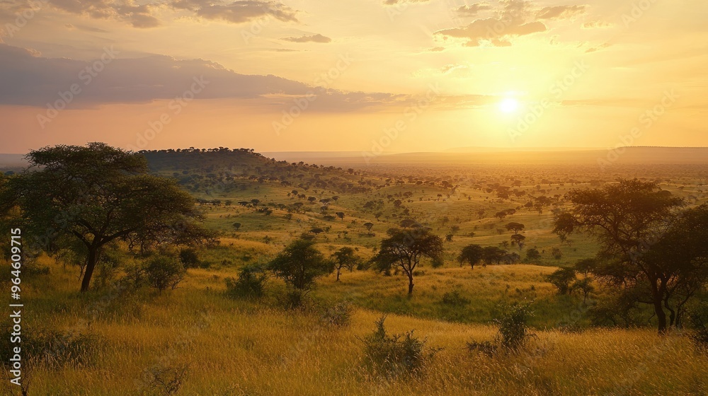 The rolling hills of Kruger National Park, with acacia trees scattered across the landscape and the sun setting in the distance. The rolling hills of Kruger National Park, with acacia trees scattered across the landscape and the sun setting in the distance.