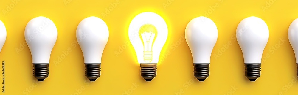 A single light bulb glows brightly amongst a row of unlit bulbs, symbolizing inspiration, innovation, and a unique idea. A single light bulb glows brightly amongst a row of unlit bulbs, symbolizing inspiration, innovation, and a unique idea.