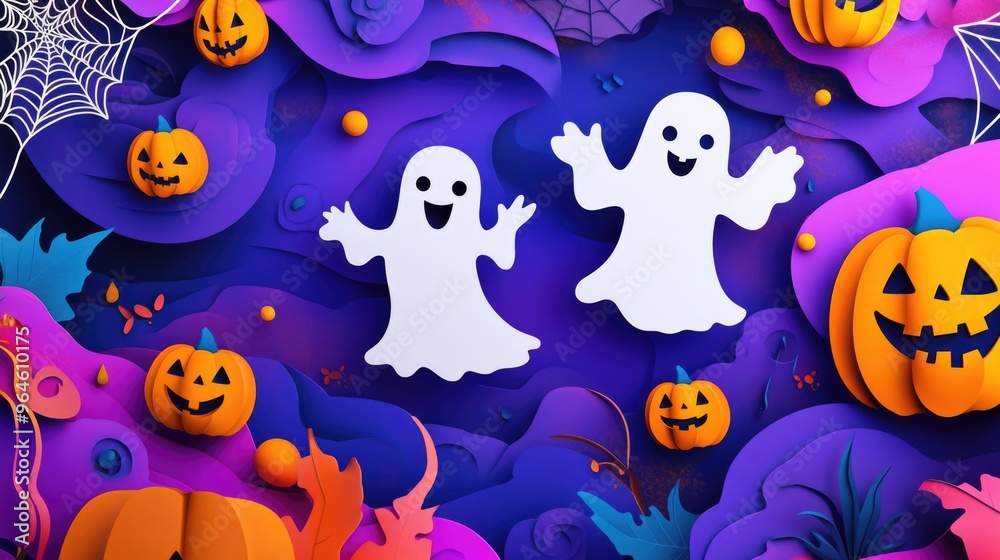 Paper cut style illustration of playful ghosts and pumpkins dancing under the moonlight Paper cut style illustration of playful ghosts and pumpkins dancing under the moonlight