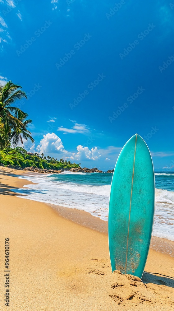 Teal surfboard standing upright on a tropical beach with turquoise water and blue sky. Teal surfboard standing upright on a tropical beach with turquoise water and blue sky.