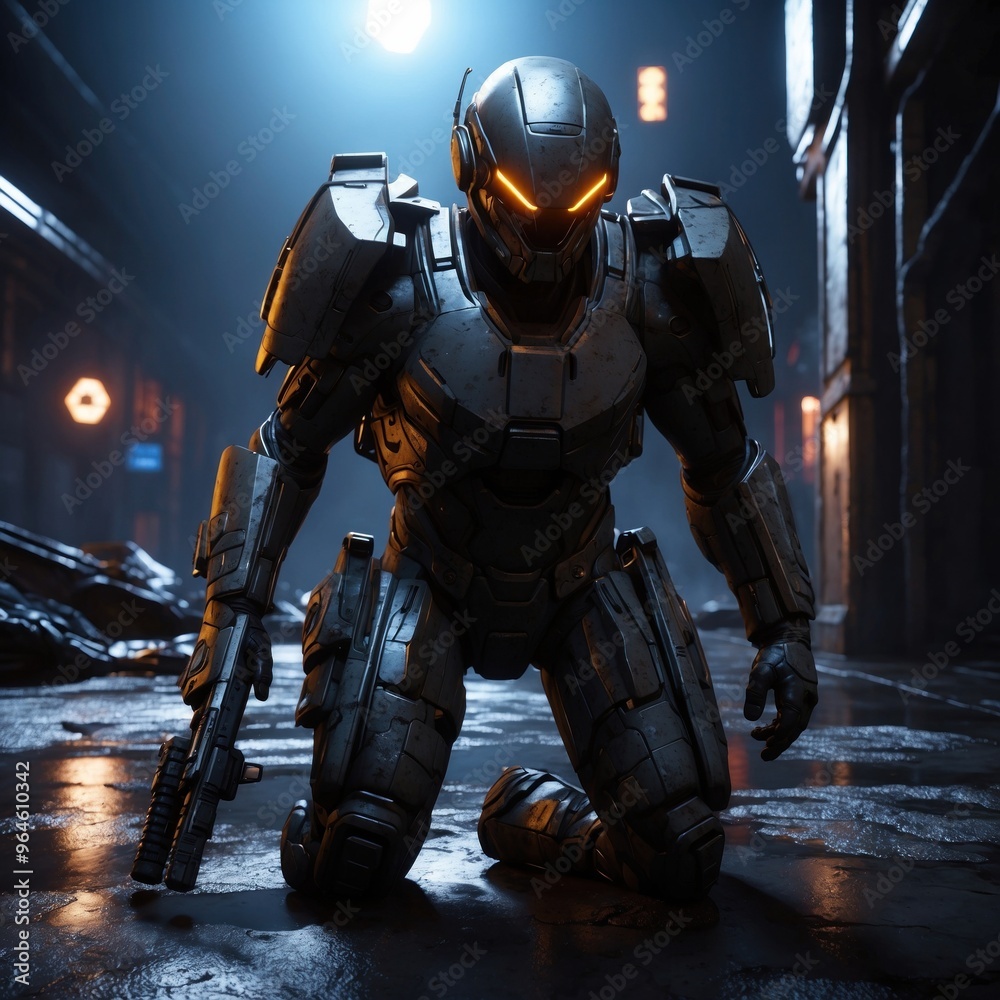 Fototapeta premium Cartoon illustration futuristic war machine in dark noise