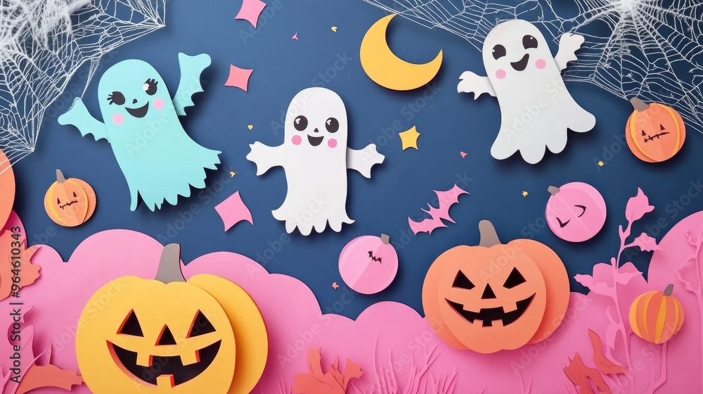 Paper cut style illustration of playful ghosts and pumpkins dancing under the moonlight Paper cut style illustration of playful ghosts and pumpkins dancing under the moonlight
