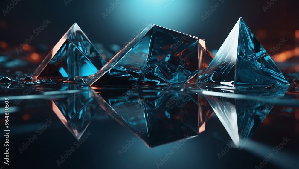 D geometric shapes in liquid, reflecting light in a futuristic environment. D geometric shapes in liquid, reflecting light in a futuristic environment.