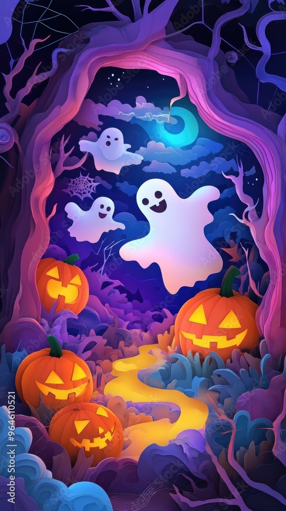 Paper cut style illustration of playful ghosts and pumpkins dancing under the moonlight
