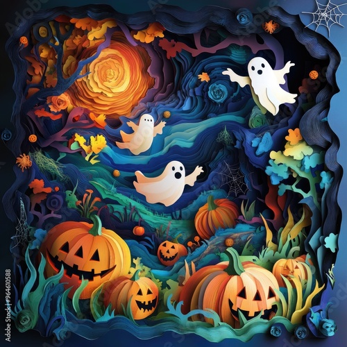 Paper cut style illustration of playful ghosts and pumpkins dancing under the moonlight