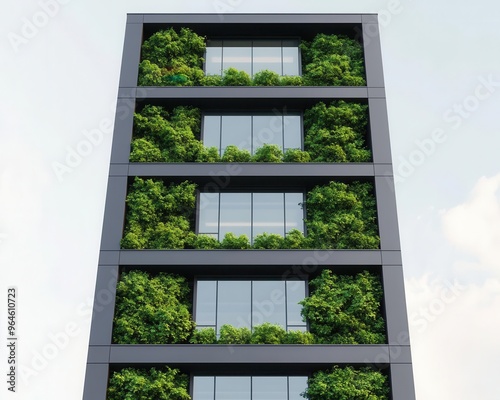 A green office building with glass walls and integrated trees, surrounded by solar-powered technology, Sustainable design, Photorealistic, 3D Render
