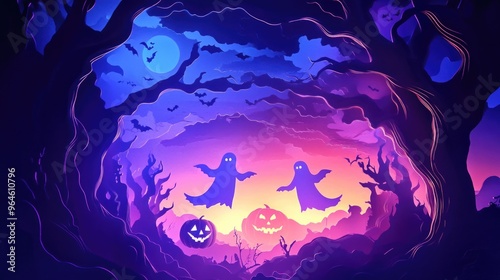 Paper cut style illustration of playful ghosts and pumpkins dancing under the moonlight