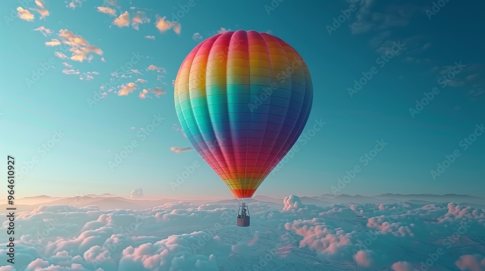 Fototapeta premium Colorful Hot Air Balloon Soaring Above the Clouds at Sunrise with Scenic Mountain View