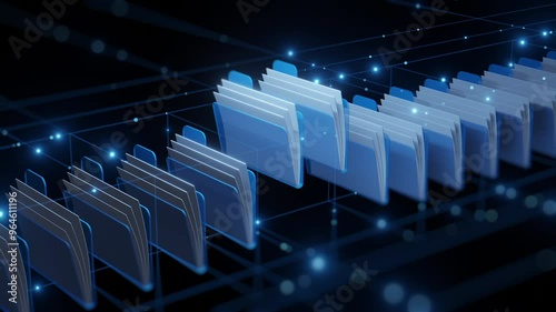 3D illustration of digital file folders organized in a virtual network, representing data management, cloud storage, or digital filing systems.