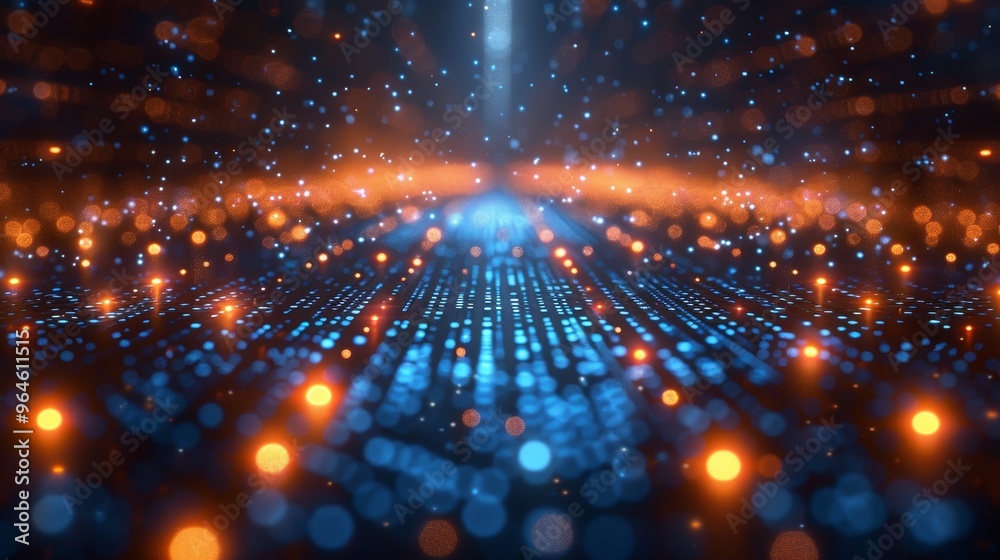 Obraz premium Futuristic Digital Background with Glowing Dots and Lines in Blue and Orange Tones