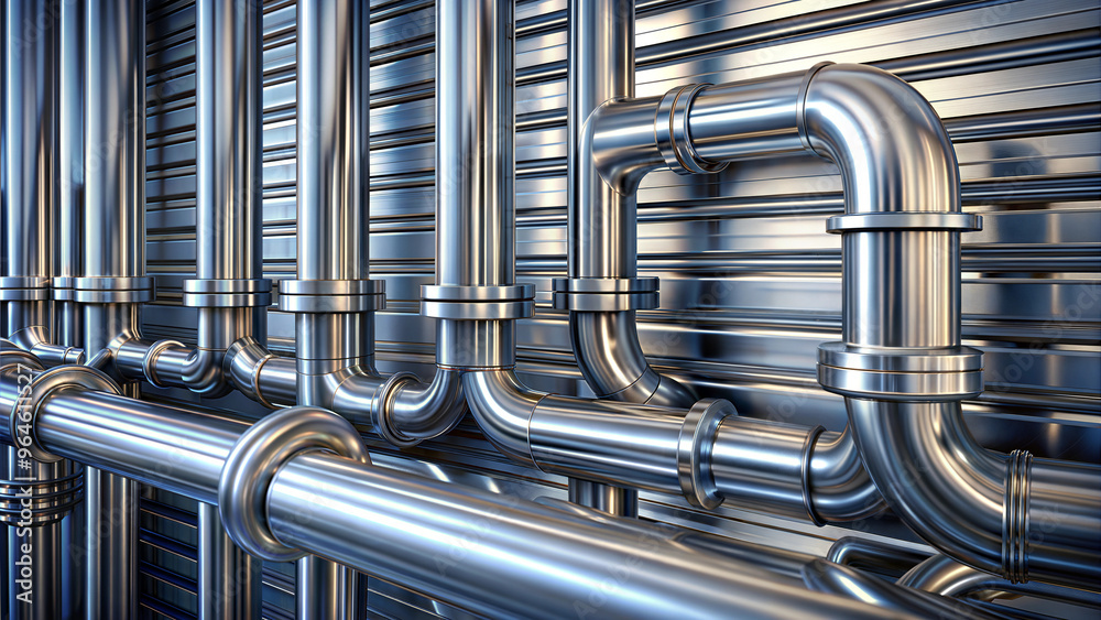 Shiny metal pipes and fittings in an industrial setting with reflective surface Shiny metal pipes and fittings in an industrial setting with reflective surface