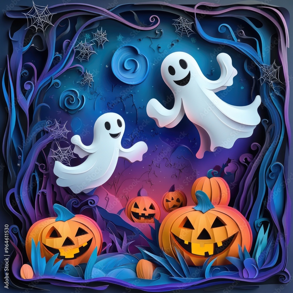 Paper cut style illustration of playful ghosts and pumpkins dancing under the moonlight Paper cut style illustration of playful ghosts and pumpkins dancing under the moonlight