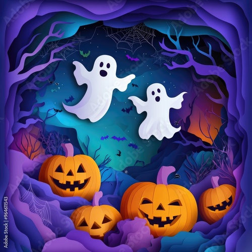 Paper cut style illustration of playful ghosts and pumpkins dancing under the moonlight