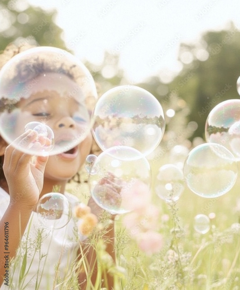 Fototapeta premium Joyful Children Playing with Bubbles in a Sunny Park