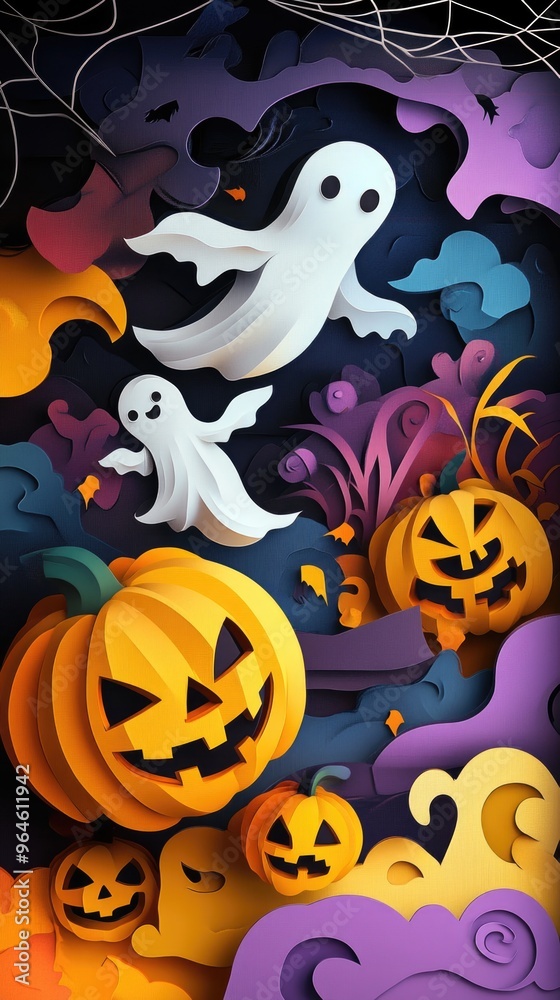 Paper cut style illustration of playful ghosts and pumpkins dancing under the moonlight Paper cut style illustration of playful ghosts and pumpkins dancing under the moonlight