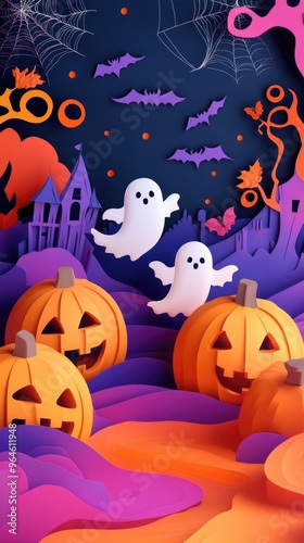 Paper cut style illustration of playful ghosts and pumpkins dancing under the moonlight