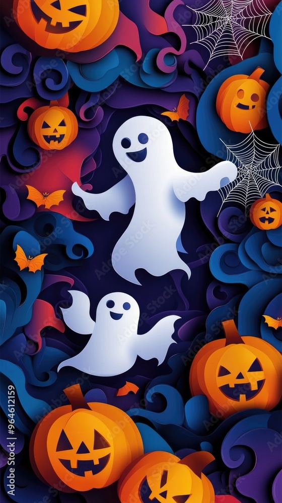 Fototapeta premium Paper cut style illustration of playful ghosts and pumpkins dancing under the moonlight
