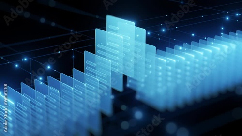 Futuristic 3D illustration of transparent digital documents arranged in a grid, symbolizing data organization, cloud storage, or digital archiving. photo