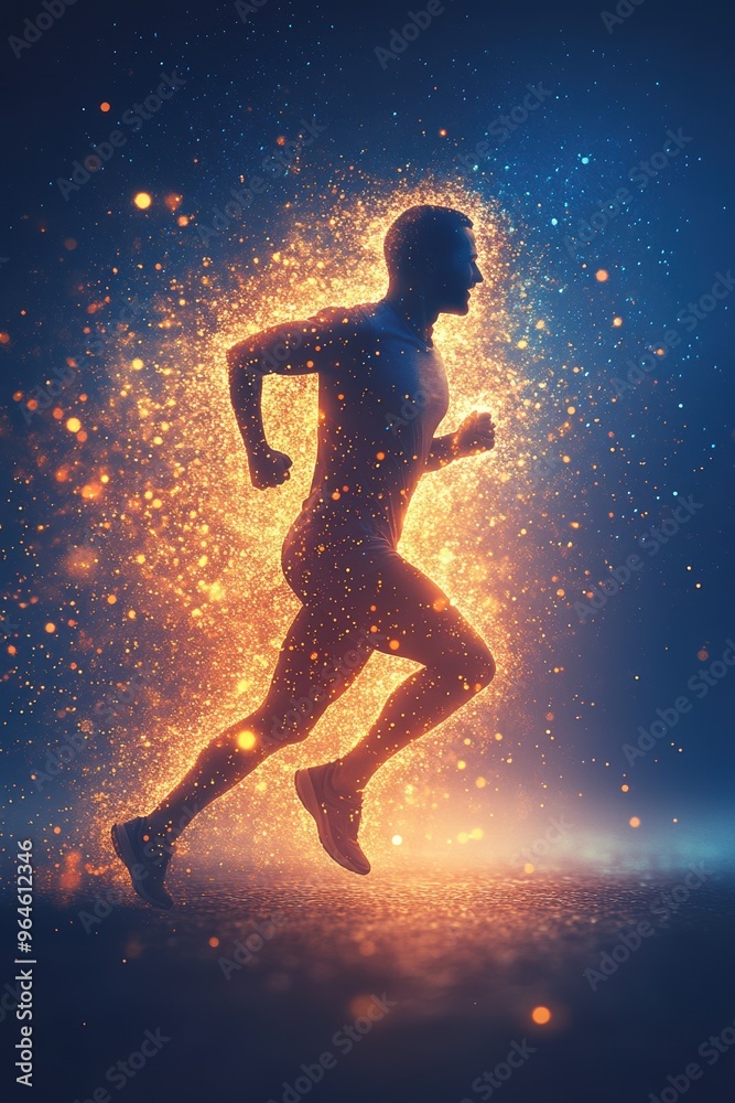 A vibrant depiction of a runner surrounded by glowing particles, representing energy and the release of endorphins during exercise A vibrant depiction of a runner surrounded by glowing particles, representing energy and the release of endorphins during exercise