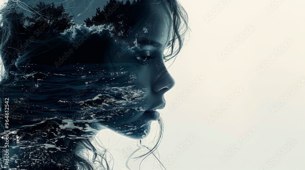 Double Exposure Concept of a Woman's Silhouette Blended with Nature Elements like Trees and Ocean Waves Double Exposure Concept of a Woman's Silhouette Blended with Nature Elements like Trees and Ocean Waves
