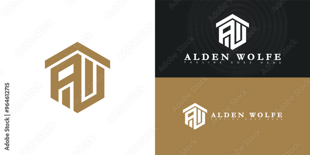 Modern hexagon vector initial letter AW or WA logo in gold color isolated on multiple background colors. The logo is suitable for attorney and law firm logo design inspiration templates.